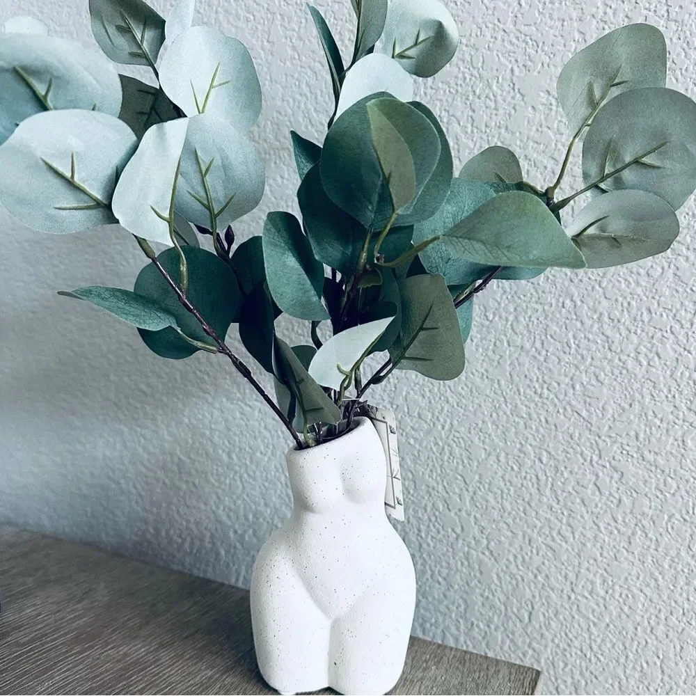 Ceramic Woman Torso Hips Figure Eucalyptus Plant in Vase Decor